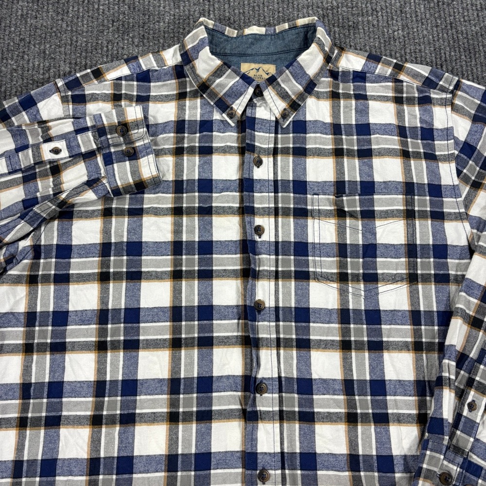 Blue Mountain Flannel Shirt Mens XL Blue White Tan Plaid Long Sleeve Button Down